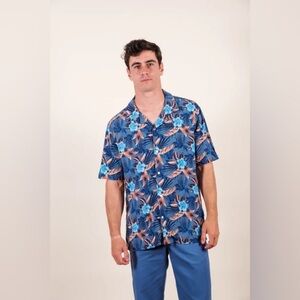 Brooklyn Cloth Blue Orange Floral Rayon Button-Up Shirt Men's Medium